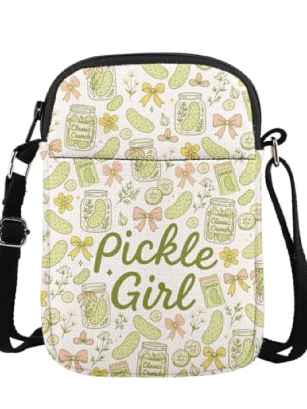 Pickle Lover Canvas Crossbody Bag Zip Pockets Adjustable Strap